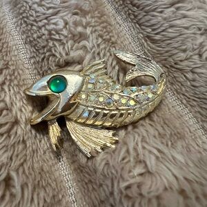 Elegant Gold Fish Brooch with Green and Blue Details